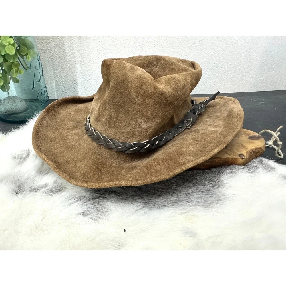 Suede leather outback hat Australia genuine leather tan braided vintage large‎